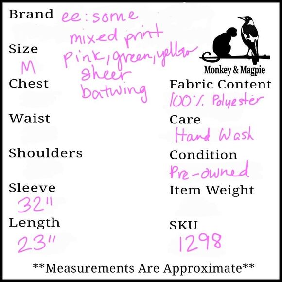 ee: some Womens Medium Sheer Top Mixed Print Pink Green Yellow Batwing - Picture 9 of 9